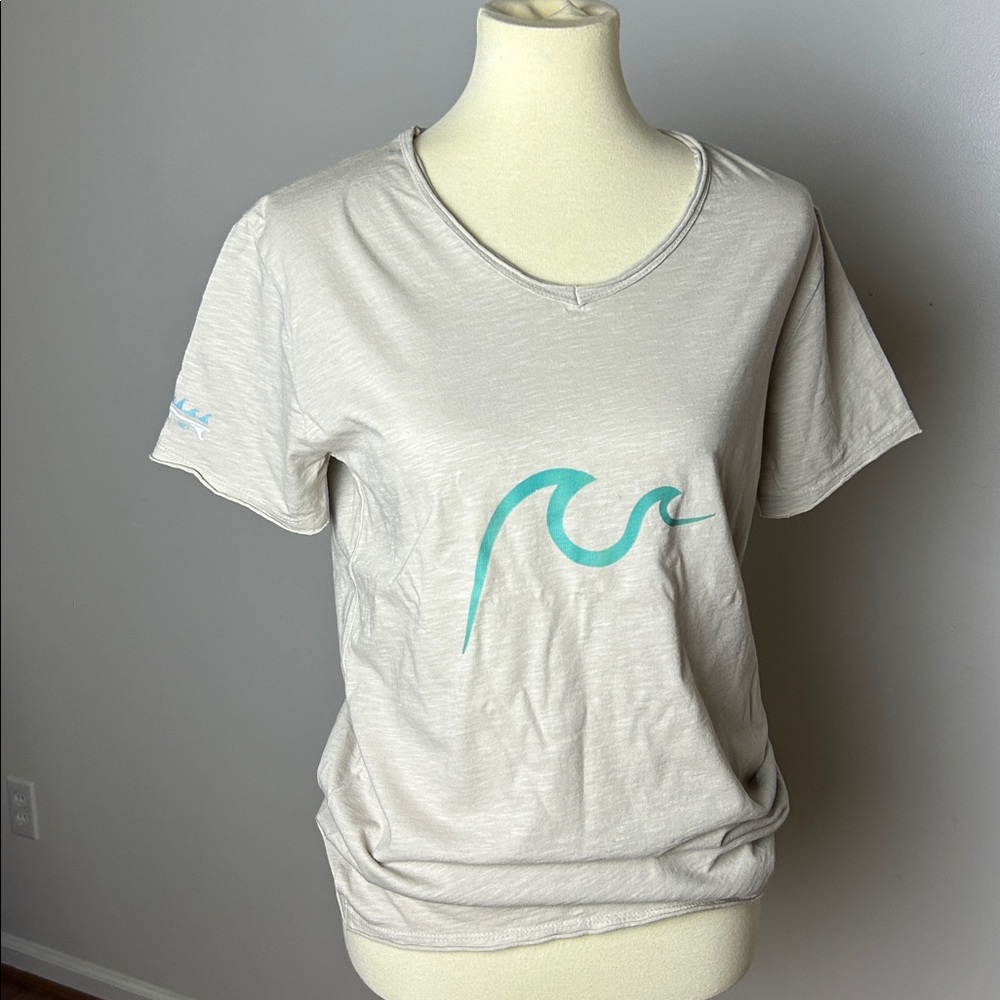 Beige T-Shirt with Teal Wave Design